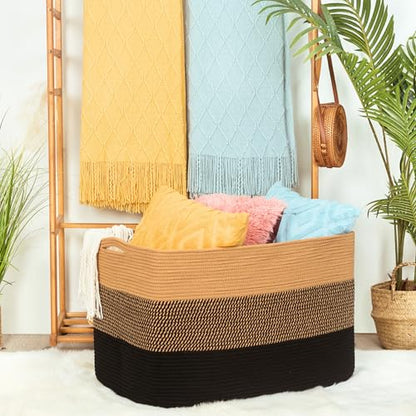 MINTWOOD Design 112L Extra Large Blanket Basket Holder Living Room, 25"x17"x16" Rectangle Rope Woven Storage Basket with Handles for Laundry, Pool Towels, Shoes, Dog Toy Organizer Bin Box, Black Jute - color: Black Jute