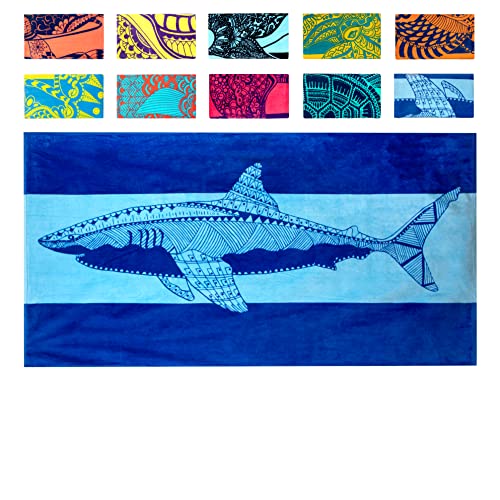 Nova Blue Shark Beach Towel – Blue with A Tropical Design, Extra Large, XL (34”x 63”) Cool Hawaiian, Navy Beach Towel with Light Blue Stripe, Made from 100% Cotton - color: Shark