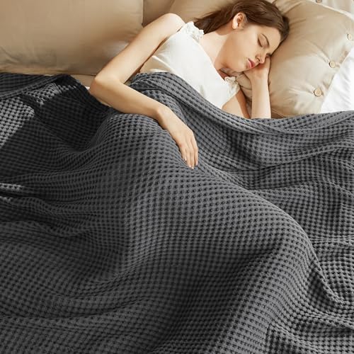 Bedsure 100% Cotton Twin XL Blanket for Spring Summer, Soft Waffle Weave Bed Blanket, Thin Lightweight Breathable Cotton Bedding, College Dorm Room Essentials for Girls, Guys, Dark Grey, 66" x 90" - color: Dark Grey, size: Twin Xl (66" X 90")
