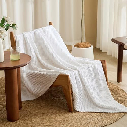 Lightweight Cotton Waffle Throw Blanket, Modern Two-Tone Check Pattern, Soft & Breathable for Bed, Couch, Sofa, All Seasons –Bright White, 50"x60" - color: Bright White, size: Throw