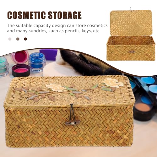 Woven Storage Box with Embroidery Pattern, Rectangular Medium-sized Sundries Organizer, Portable Straw Jewelry and Desktop Storage Case with Lid for Home and Office