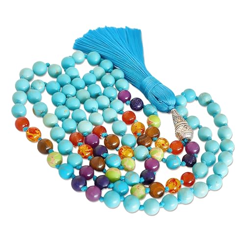 Mala Beads 108 Handmade Necklace,Natural Indian Agate Turquoise Amethyst with Alloy Guru Bead and Tassel,43.2 Inches for Prayer,Meditation,Yoga - color: Turquoise