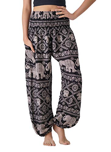 B BANGKOK PANTS Harem Pants Women Yoga Boho Clothes with Pockets - color: Black Elephant, size: One Size