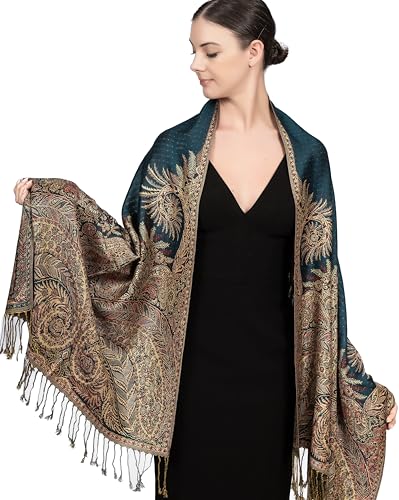 Achillea Reversible Paisley Pashmina Rave Scarf – Exotic Indian Shawls and Wraps for Evening Dresses, Festivals, All Seasons - color: Big Paisley Teal