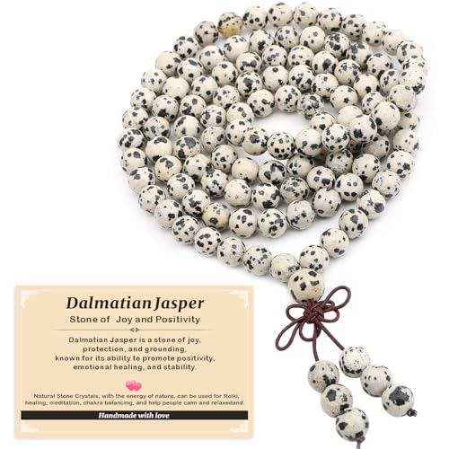 AD Beads 6mm 8mm 108 Prayer Mala Jasper Elastic Bracelet - Handmade Yoga Meditation Healing Power Energy Gifts for Unisex Adult. - color: Dalmatian Jasper (Positivity)