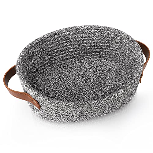 ABenkle Small Woven Basket, Mini Cotton Rope Storage Basket, Tiny Easter Basket, Shelf Basket, Oval Decorative Toy Dog Cat Basket for Nursery, Empty Gift Basket, 9.4" x 5.9" x 3.9" XS - color: Mixed Dark Grey