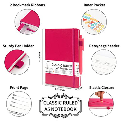 feela 3 Pack Notebooks Journals Bulk, Hardcover Notebook Classic Ruled Lined Journals with Pen Holder for Women Girls School Business Supplies, with 3 Black Pens, 120 GSM, 5.1”x8.3”, A5, Berry - color: 3 Pack berry