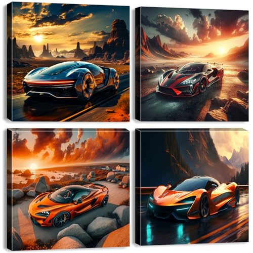 Vintage Car Posters Lamborghini Wall Art for Boys Room Cool Ferrari Mclaren Wall Decor Men Bedroom Sunset Landscape Mountain Sports Vehicles Canvas Pictures Office Dormitory Home Decorations 12x12" 4P - color: Car, size: 12"L x 12"W