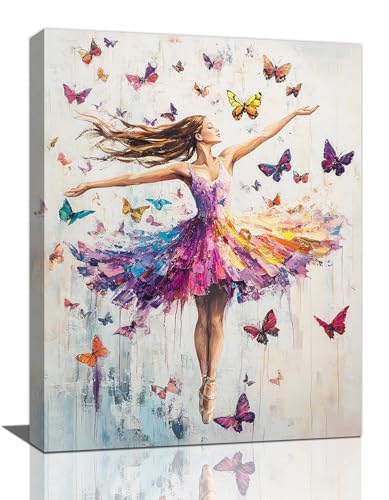 Olivine Ballerina Wall Art, Butterfly Ballet Pictures Wall Decor, Colorful Dancer Canvas Prints, Dance Girl Painting, Framed Artwork for Bathroom Girl's Bedroom Living Room Office Home Decoration 16"x12" - color: Ballet Girl Butterfly, size: 16"L x 12"W