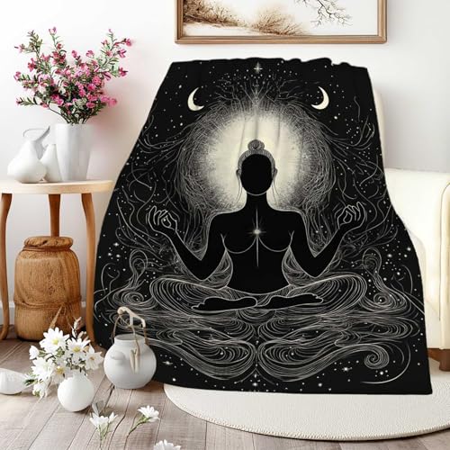 Zen Meditation Yoga Throw Blanket for Spiritual Men and Women, Black and White Line Art Fleece for Bedroom or Retreat, Gift for Mindfulness Yogis or Healing Space, 40x50 Inches - size: 50"x40"