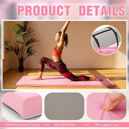 Lyrow 2 Inch 72"x24" Thick Foldable Yoga Mat with Carry Strap, Non-slip Portable Foam Gym Mat for Yoga, Pilates and Stretching - color: Peach Pink