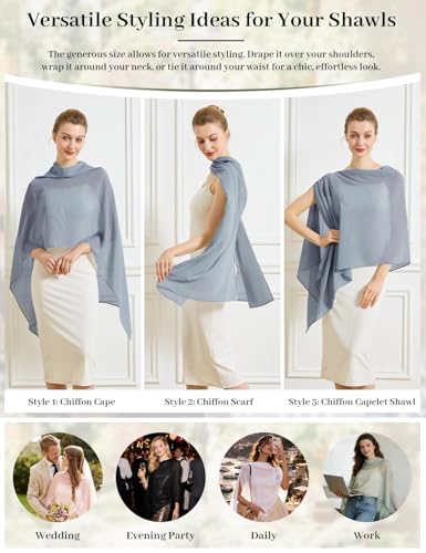 Chiffon Cape Shawl Wrap Scarf 3 Ways to Wear Elegant Sheer Capelet for Evening Dresses Weddings Parties - color: Dusty Blue