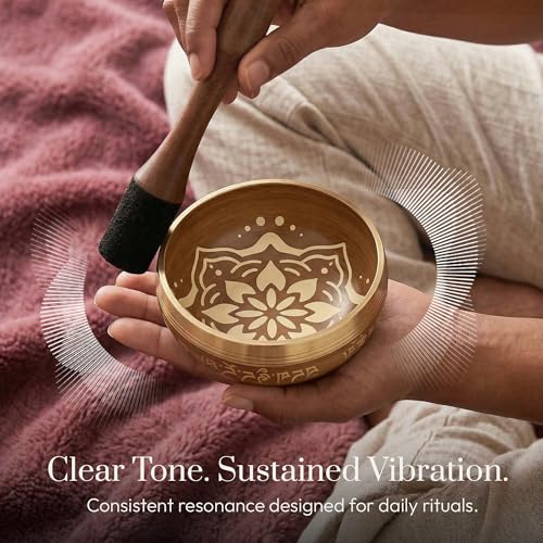 Silent Mind Tibetan Singing Bowl Set – Easy to Play & Beginner Friendly Meditation Bowl with Cushion & Mallet | Stress Relief & Mindfulness | Gift-Ready - color: Matte Gold, size: Without Case