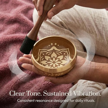 Silent Mind Tibetan Singing Bowl Set – Easy to Play & Beginner Friendly Meditation Bowl with Cushion, Mallet & Case | Stress Relief & Mindfulness | Gift-Ready - color: Matte Gold, size: With Case