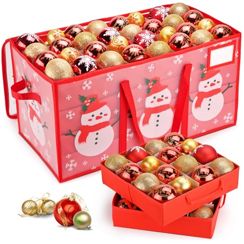 Plastic Christmas Ornament Storage Box with Adjustable Dividers, Waterproof Christmas Storage Containers Keep 128 Capacity, Dual Zippers, Ornament Organizer to Store Holiday Decor-Snowman - style: Snowman-tray
