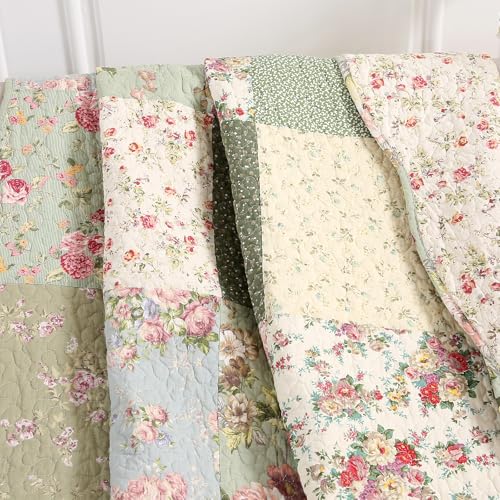 vctops 100% Cotton Quilted Throw Blanket 50x60 Inch Floral Patchwork Reversible All Season Throw (Green B,50"x60") - color: Green B