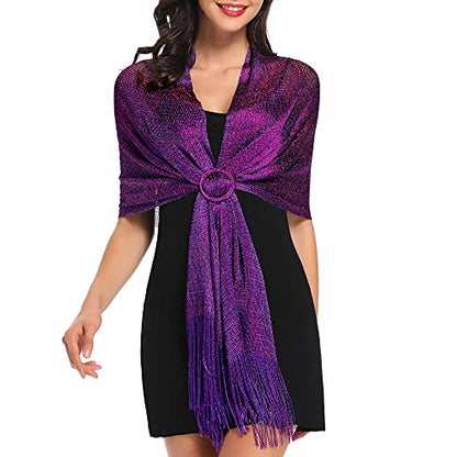 vimate Sparkling Metallic Shawls and Wraps for Evening Party/Wedding/Formal Dresses (With Free Buckle) - color: P#. Purple (With Purple Buckle)