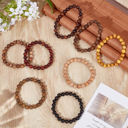 16 Pcs 8 Styles Wooden Beaded Bracelet, Adjustable Elastic Bracelets Natural Sandalwood Round Beaded Stretch Bracelet Friendship Bracelets for Men Women Gifts