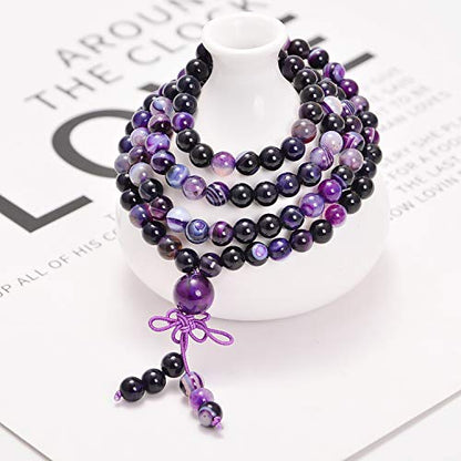 AD Beads 6mm Natural Healing Gemstones Buddhist 108 Prayer Mala Stretchy Bracelet Necklace - color: Purple Stripe Agate