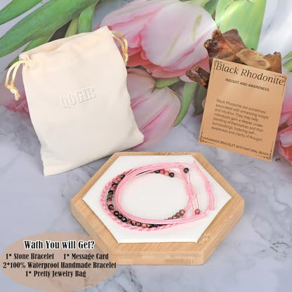 QOGIR Handmade Healing Bracelet,6mm Natural Gem Stone Bracelet rope bracelet - color: Black Rhodonite(Insight and Awareness), size: 4mm