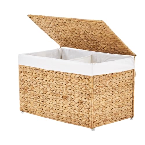 GENHOOM Storage Basket with Lid, Woven Wicker Shelf Basket with Removable Liner, Metal Frame Rattan Storage Trunk with Handle for Laundry, Bedroom, Living Room, Office (Natural, 95L) - color: Natural, size: 95L
