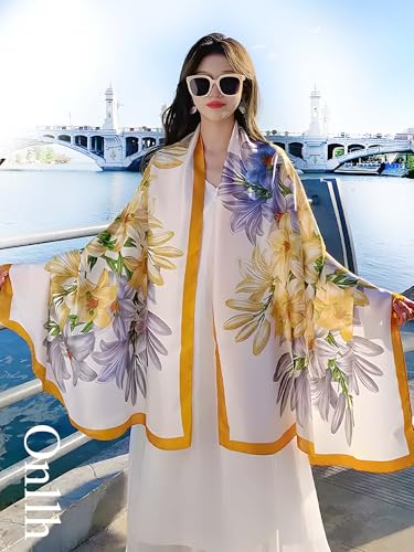 Large Shawl Scarf For Women Lightweight Wraps Silky Headscarf Long Sunscreen Scarfs - color: T10 Yellow Lilies / 70"x 35"