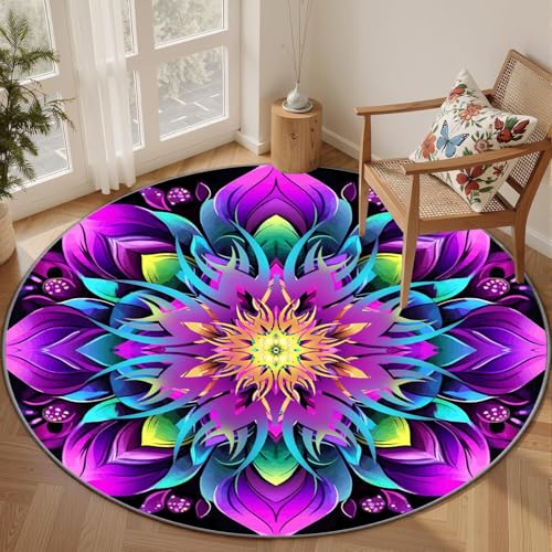 Mandala Flower Rug, 7ft Bohemian Vintage Floral Art Decorative Round Rugs, Non-Slip Washable Circle Mat, Tribal Ethnic Green Blue Purple Colorful Carpet for Entryway, Yoga Room and Lounge - color: Star 3, size: 7'/84''