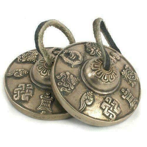 Mystery Mountain Tibetan Buddhist Tingsha Meditation Feng Shui Cymbals/Chimes - Mantra Design - 7cm Diameter TB1