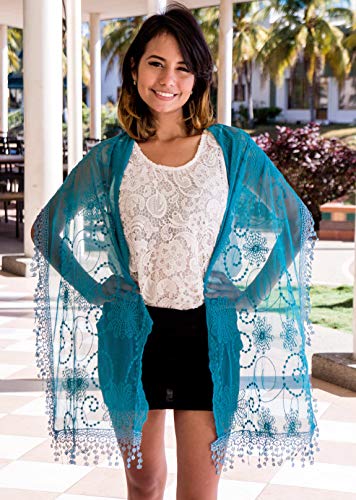 Cindy and Wendy Lightweight Soft Leaf Lace Fringes Scarf Bridal Veils shawl for Women - color: Blue
