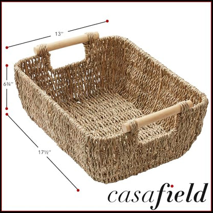 Casafield Set of 2 Seagrass Oval Storage Baskets with Wooden Handles - Large, Woven Bin Organizers