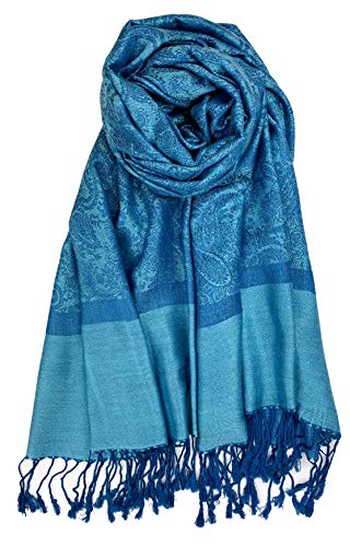 Plum Feathers Two Tone Vintage Paisley Pattern Pashmina Scarf - color: Sea Blue Paisley