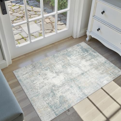 2x3 Washable Area Rug Blue Cream Abstract Non Slip Soft Low Pile Small Rug for Entryway Kitchen Bathroom Neutral Modern Throw Carpet for Living Room Bedroom Home Decor - color: Blue/Cream, size: 2' x 3' (Rectangular)