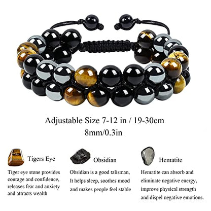Triple Protection Bracelet Natural Black Obsidian Tigers Eye Hematite Beads Crystal Bracelet Healing Bracelets for Men Women Bring Prosperity Luck and Health - color: Black Yellow