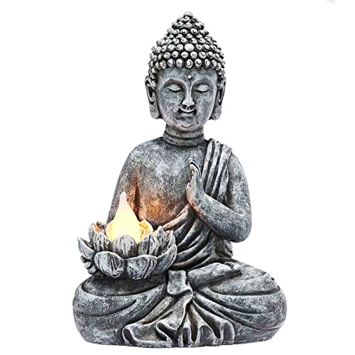 Solar Buddha Statue - Outdoor Zen Sculpture With Flickering LED Lotus Light - Waterproof Garden Decor Gift - 11.81 Inch