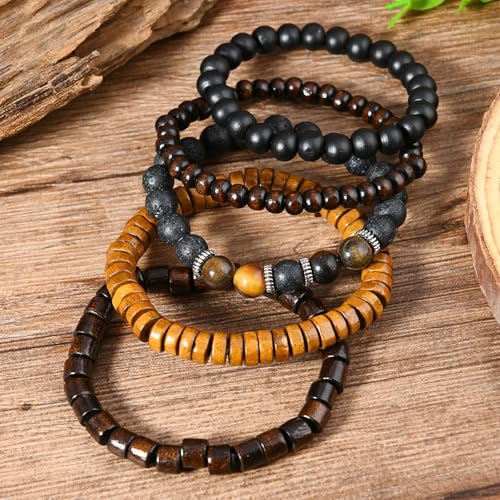 Long tiantian Beaded Bracelets for Men Wooden Bead Bracelets Stackable Layered Stretch Bracelet Trendy Wooden Jewelry Gift for Men - color: D-Bead Bracelets