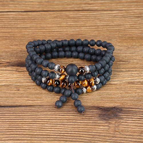 AmorWing 108 Mala Beads Brown Tiger Eye Matte Onyx Semi Precious Stone Bracelet Necklace