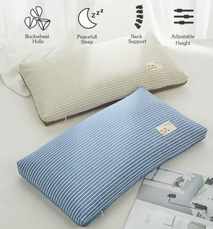Buckwheat Pillows for Sleeping, Adjustable Hulls Firm Pillow Neck Head Back Shoulder Support for Pain Relief, Small Bed Pillow for Side Back Sleepers, Blue 19"X11"