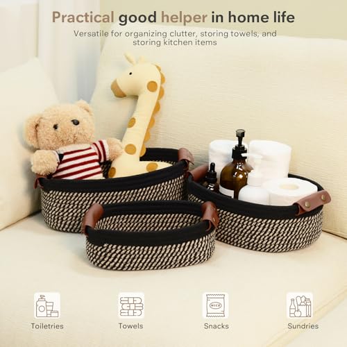 ECDYQXVU 5 Piece Storage Baskets Small Woven Basket with Detachable Leather Handle, Cotton Rope Shelf Baskets for Closet Organizers, Different Sizes Basket Decor, Black Brown