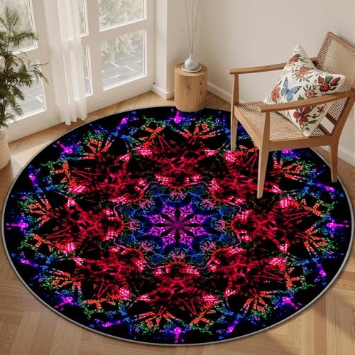 Bohemian Floral Round Area Rug, 7ft 3D Printed Red and Purple Abstract Flower Beautiful and Stylish Circle Rugs, Non-Slip Machine Washable Soft Carpet for Bedroom, Beside Bed and Office - color: Star 2, size: 7'/84''