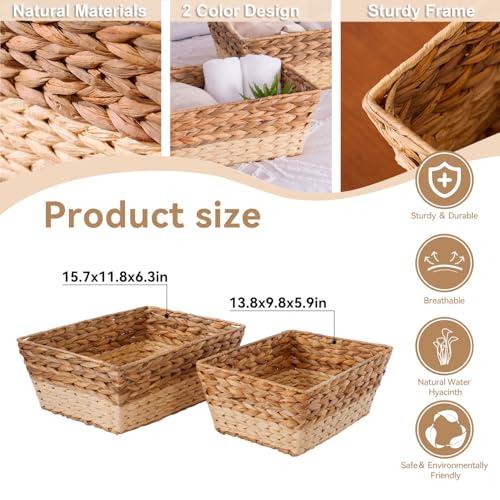 Storage Baskets, Large Wicker Baskets, Boho Deco Cube Storage Organizer Bins for Shelf, Bathroom, Kitchen, Living Room, Shelves, Pantry, Closet -Small Laundry Basket, Water Hyacinth, 2pack