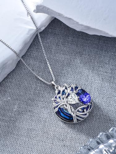 TOUPOP s925 Sterling Silver Family Celtic Tree of Life Pendant Necklaces with 2 Heart Birthstone with Blue Austrian Crystal Jewelry Birthday Valentines Day Gifts for Her, Anniversary Christmas Gifts for Wife Girlfriend Mom (18K Real White Gold Filled) - c