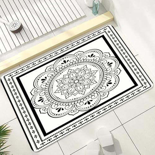 Mandala Bath Mat, Bohemian Floral Bathmat, Meditation Black and White Bathroom Rug, Mandala Rugs for Bathroom, Diatomaceous Earth Bath Mat, Non Slip & Absorbent & Washable, 17x24 Inch - color: White, size: 17x24 inch