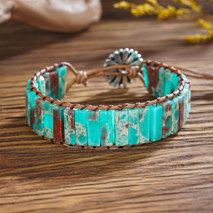 Women Boho Handmade Natural Stone Crystal Leather Bead Wrap Bracelets Collection - style: Blue Agalmatolite 1W