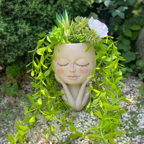 Head Planter Pot for Plants - Face Flower Pots Indoor Outdoor, Cute Succulent Head Planter, Creative Plant Pots With Drainage, Resin Cactus Planter Coffee Table Decor, Women/Mother Vase Gifts Ideas - size: Medium, style: Shy Flower Pot