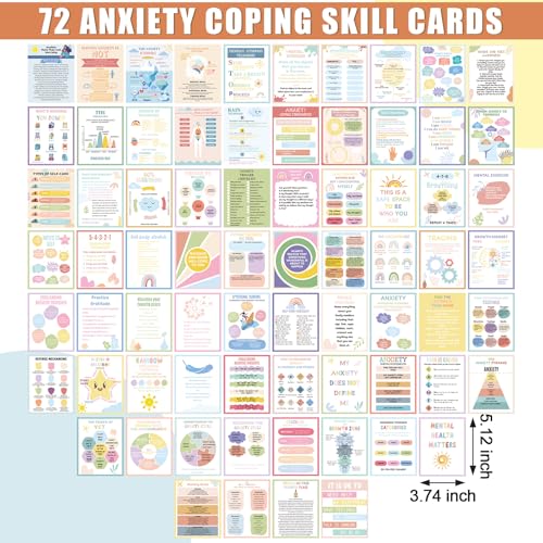 Affrolling 72 Pcs Anxiety Coping Skill Cards 4.7 x 3.7 Inches Social Anxiety Relief & Self Care Flashcard with Color Packaging Box Coping Strategy Therapy Cards for Family University and Office