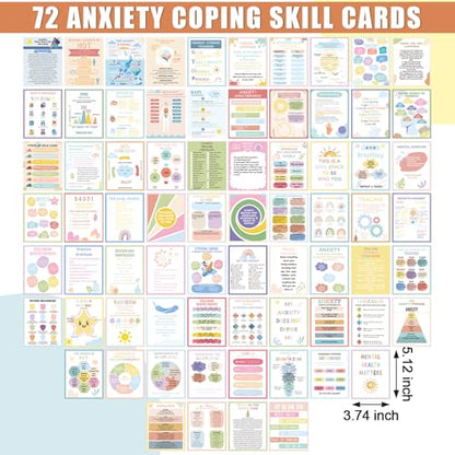 Affrolling 72 Pcs Anxiety Coping Skill Cards 4.7 x 3.7 Inches Social Anxiety Relief & Self Care Flashcard with Color Packaging Box Coping Strategy Therapy Cards for Family University and Office