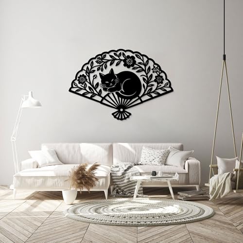 GlintHome Bedroom Wall Art - Large Black Metal Fan Sleeping Cat Wall Decor Wall Sculpture artwork for Cats Lover Minimalist Room Living Room Bathroom Office - color: Black-3, size: Large