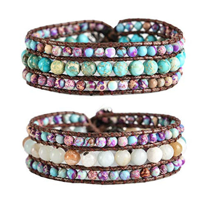 YGLINE Boho Handmade Natural Stone Bead 3 Row Wide Wrap Wrist Statment Bracelet Jewelry Collection - color: 2pcs/set