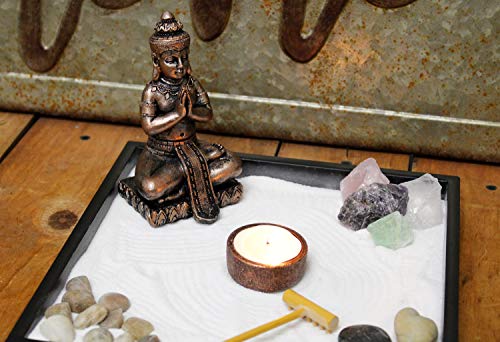 Nature's Mark Mini Zen Garden Kit for Desk with Rake, White Sand, Buddha Figures, Tea-Light Holder Black Square Base, River Rocks and Crystal (9Lx9W B)