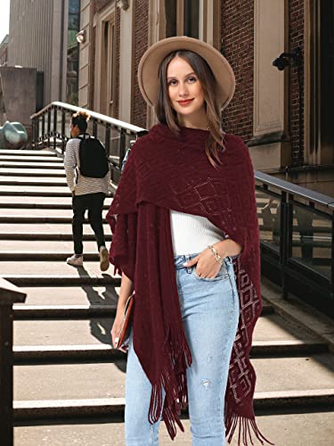 Soul Young Knit Shawl Wrap for Women Ladies Fringe Poncho Blanket Cardigan Cape - color: Z Rhombus Burgundy